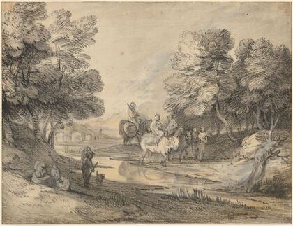 Wooded Landscape with Horseman, Figures, and Bridge