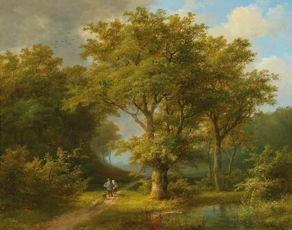Wooded landscape with peasant couple returning home
