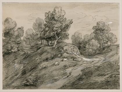 Wooded upland landscape with shepherd and sheep and country track winding around a knoll