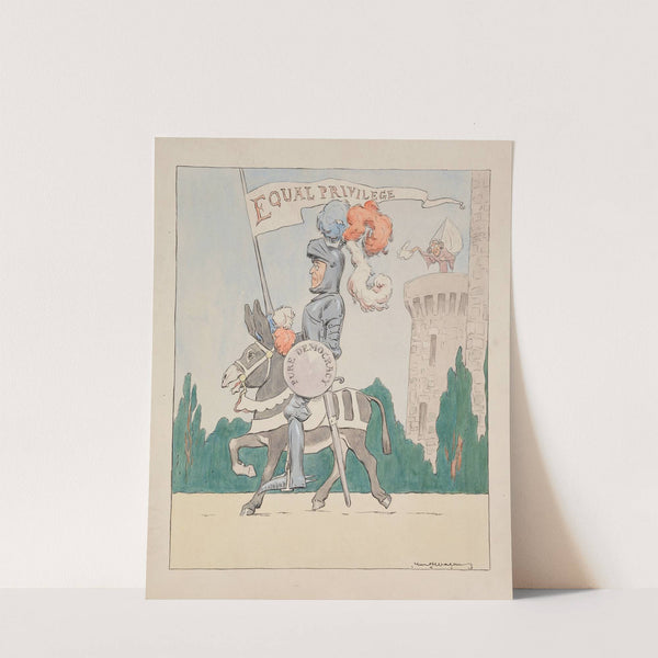 Woodrow Wilson as a medieval knight. His horse is the Democratic Party donkey, his shield is ‘pure democracy’ and his lance is ‘equal privilege.’ (1913) by William Henry Walker