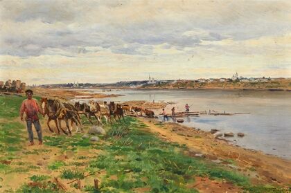 Woodworkers with horses on the banks of the Volga (1895)