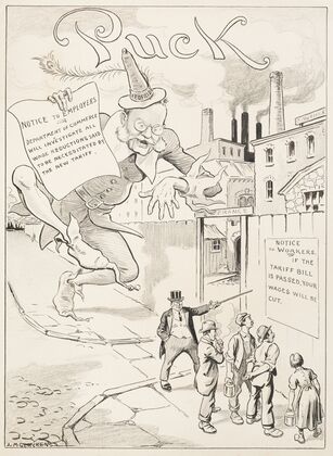 Workers stand outside factory reading notice (1913)