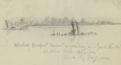 Wreck of Transport Steamers ‘Maple leaf’ and ‘Genl. Hunter’. St. Johns river. Florida, Sunk by torpedoes