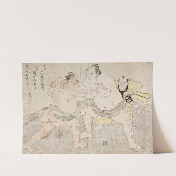 Wrestlers Kajigahama Rikiemon of the Eastern Group and Sekinoto Hachirōji of the Edo tea, with the Umpire Kimura Shōnosuke by Katsukawa Shunshō