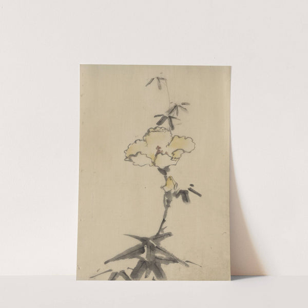 Yellow blossom with bud on a stalk above leaves by Katsushika Hokusai