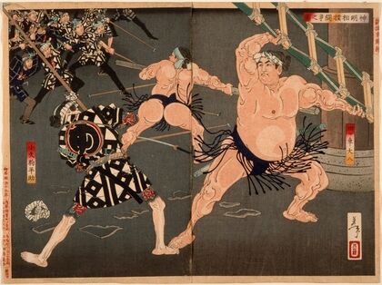 Yotsuguruma Daihachi and Kotengu Heisuke Duel during the Battle of the Wrestlers and the Firemen at Shinmei Shrine (1886)