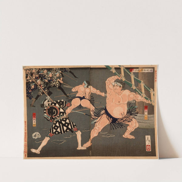 Yotsuguruma Daihachi and Kotengu Heisuke Duel during the Battle of the Wrestlers and the Firemen at Shinmei Shrine (1886) by Tsukioka Yoshitoshi