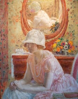 Young Girl Before a Mirror in a Pink Dress