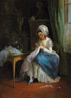 Young girl embroiding in an interior