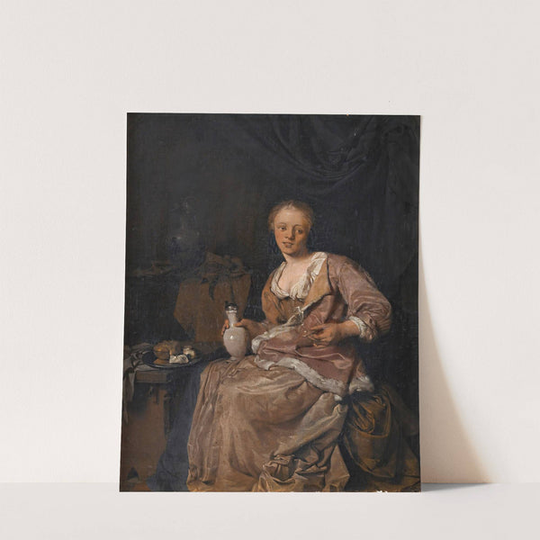 Young girl having a glass of wine in an interior by Cornelis Pietersz. Bega