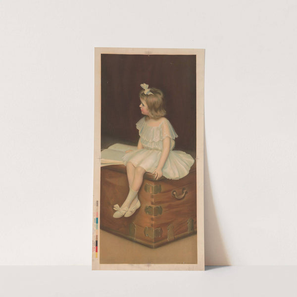 Young girl, wearing a white and blue dress, sitting on a trunk reading a book (1909) by Robert Chapman Co.