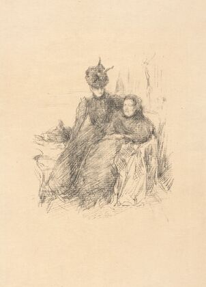 Young lady in a hat, sitting with her arm around an older lady — size preview