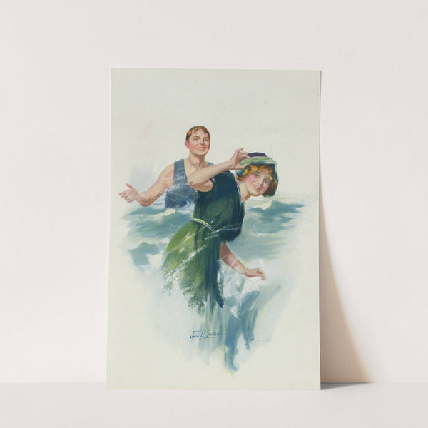 Young man splashing a young woman with water at the beach by John E. Sutcliffe