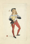 Young man wearing tights, blouse, hip belt with purse, and hat with feather