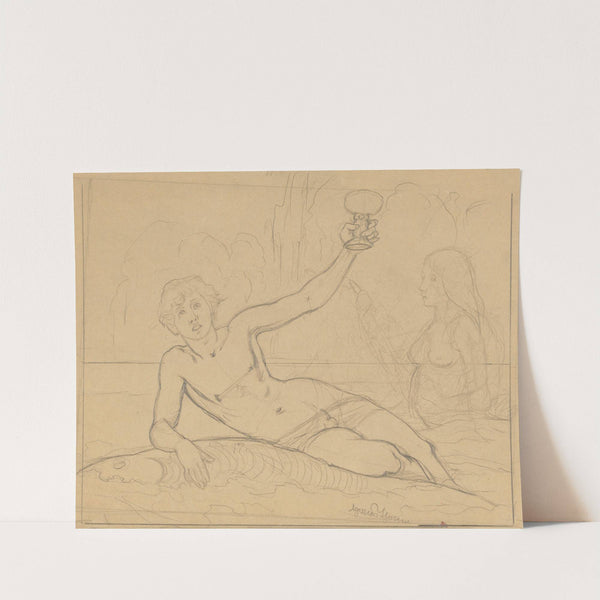 Young Man with a Chalice in His Hand Lying on a Fish, with a Nereid in the Background on the Right (1890-1900) by Hans Thoma