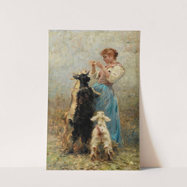 Young woman feeding goats by Vincenzo Caprile