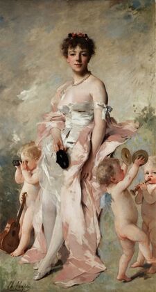 Young woman in ball dress with putti