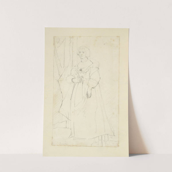 Young woman in long dress with fitted bodice, full sleeves, and square, deeply cut neckline by Stewart Watson