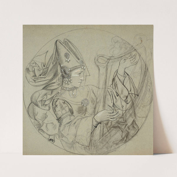 Young woman in medieval style playing the harp by Marie Bracquemond