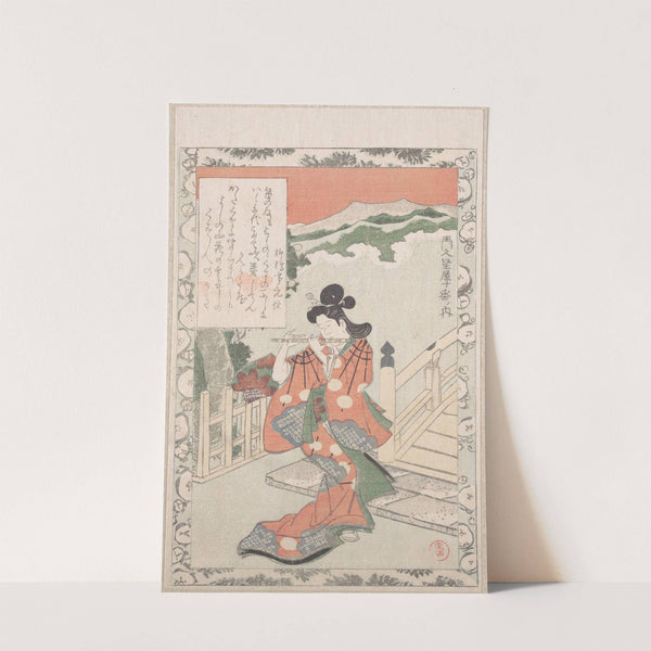 Young Woman Playing the Flute by a Bridge by Kubo Shunman