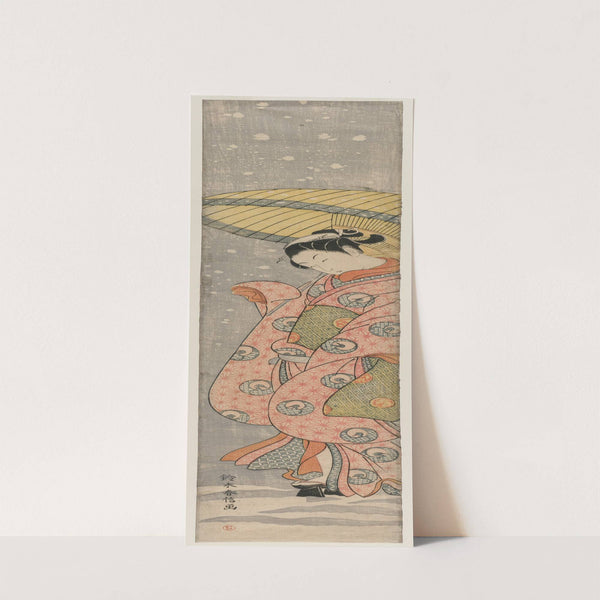 Young Woman Standing Under an Umbrella in the Snow (1767–68) by Suzuki Harunobu