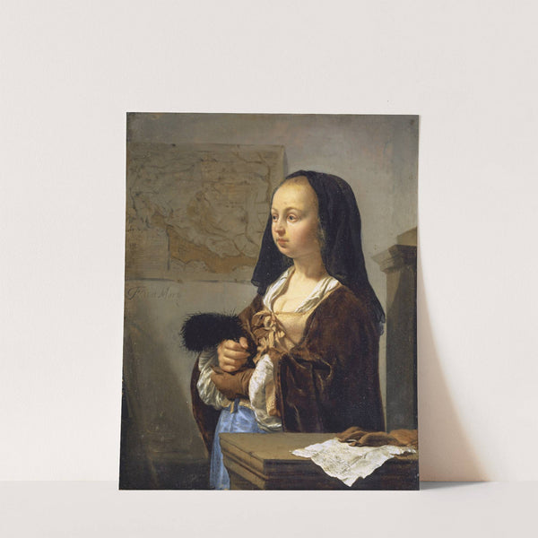 Young Woman with Feather Fan Prepared to Go Out (1657-59) by Frans van Mieris the Elder