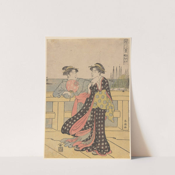 Young Women Enjoying the Fresh Air of the Evening on the Bridge by Katsukawa Shunchō
