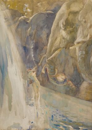 Young women lifted up by elephants