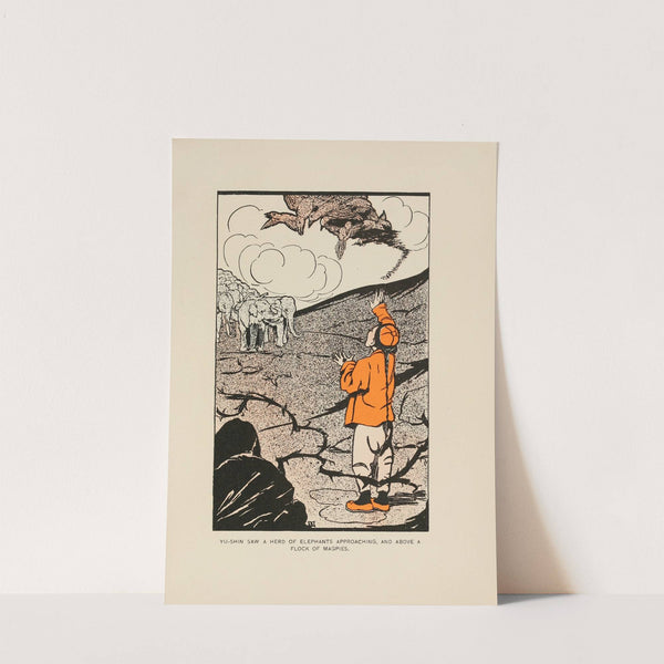 Yu-Shin saw a herd of elephants approaching, and above, a flock of magpies by Norman Hinsdale Pitman