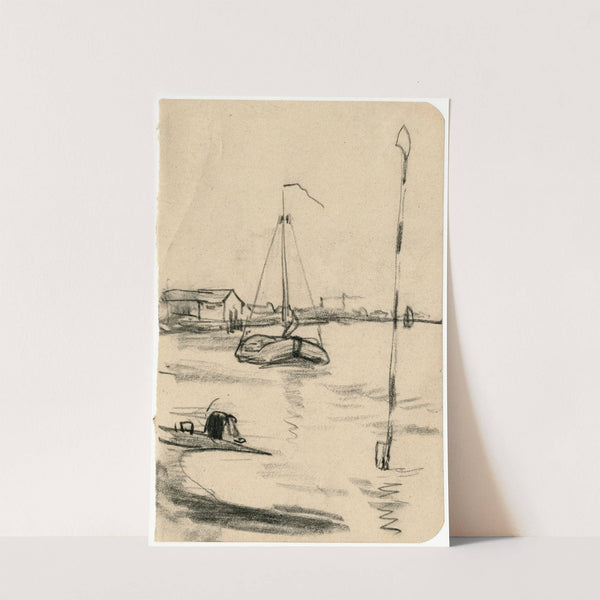 Zeilboot aan oever van een meer by Adolf le Comte