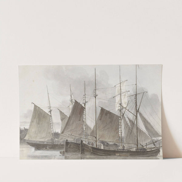 Zeilschepen aangemeerd voor een stad by Hendrik Abraham Klinkhamer