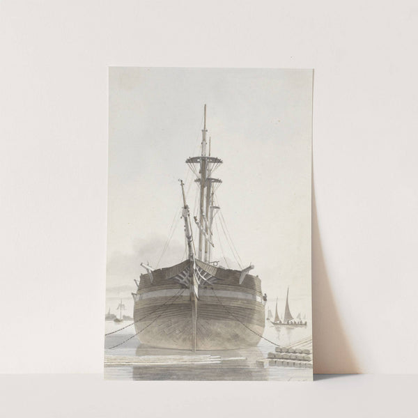 Zeilschip van voren gezien in een houthaven by Hendrik Abraham Klinkhamer