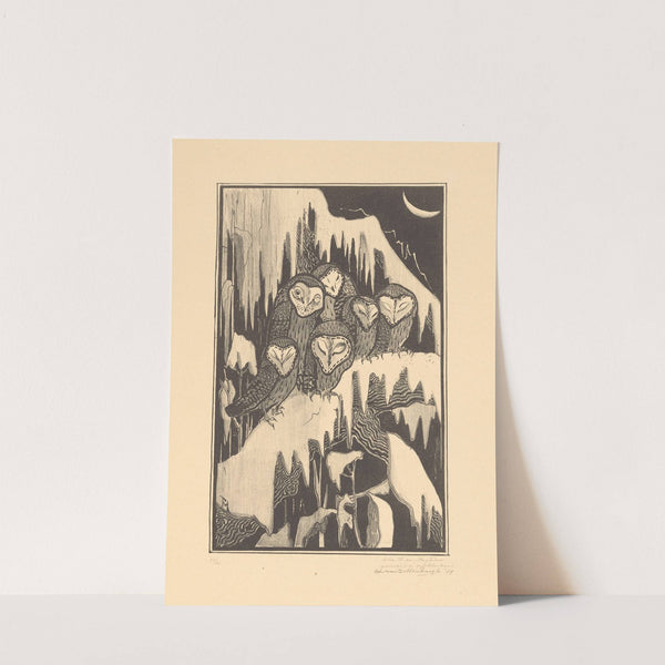 Zes kerkuilen slapend op besneeuwde takken by Theo van Hoytema