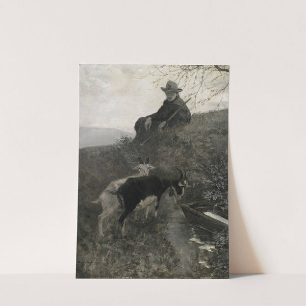 Ziegenhirte mit Tieren an einer Tränke by Hermann Pleuer