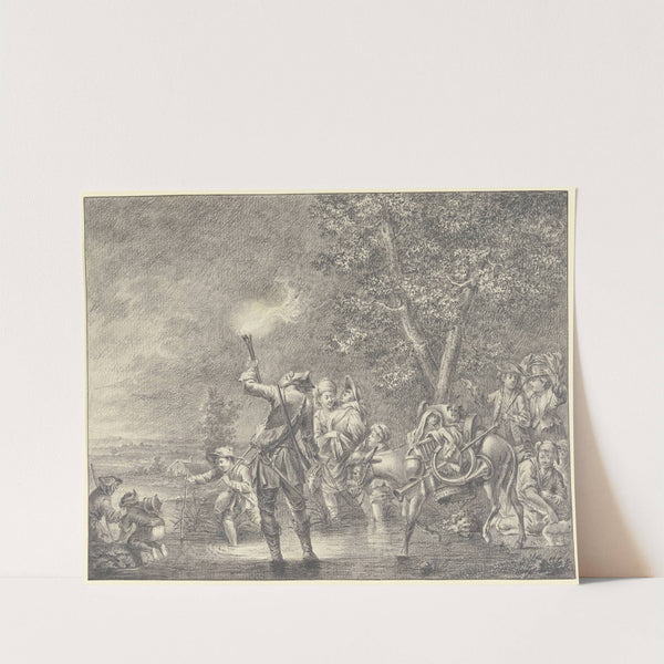 Zigeuner mit Packesel ziehen in Begleitung eines Fackelträgers durch einen Bach by Johann Ludwig Ernst Morgenstern