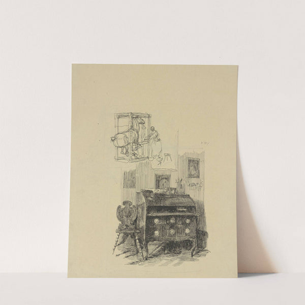 Zimmerecke mit Sekretär und Stuhl; darüber Skizze eines Schmiedes, der ein Pferd beschlägt by Heinrich Kley