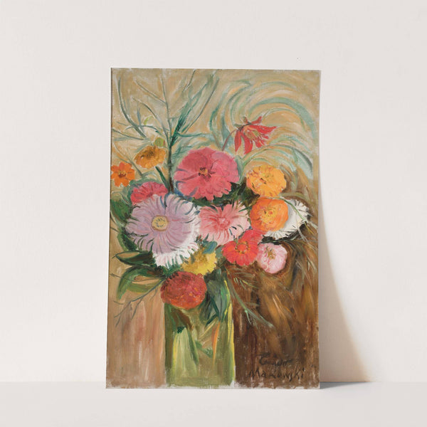 Zinnias and asters in a glass jar by Tadeusz Makowski