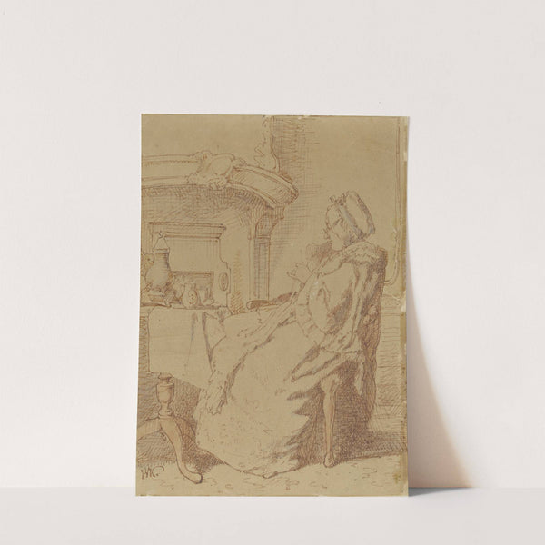 Zittende, breiende oude vrouw aan een tafel by Alexander Hugo Bakker Korff