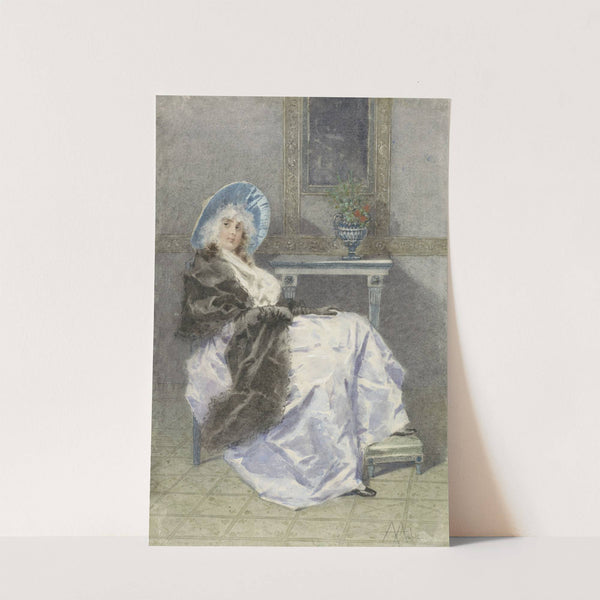 Zittende jonge vrouw met zwarte shawl en paarse rok by Angelo Achini