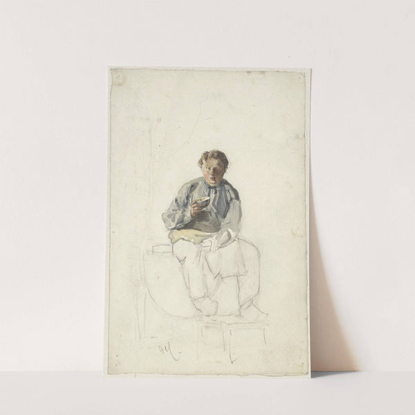 Zittende jongen met een kopje (1860 - 1921) by Adolf le Comte