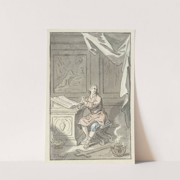 Zittende man met gevouwen handen, achter een bijbel by Jacobus Buys
