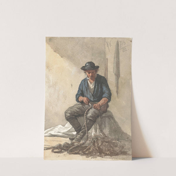 Zittende visser werkend aan een touw by Hendrik Valkenburg