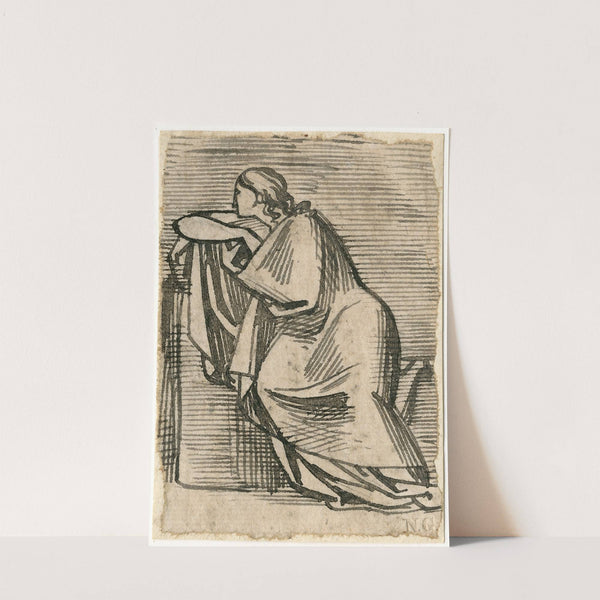 Zittende vrouw in lange mantel, de elleboog op verhoging by David Humbert de Superville