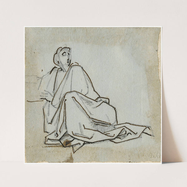 Zittende vrouw in lange mantel, over de schouder kijkend by David Humbert de Superville