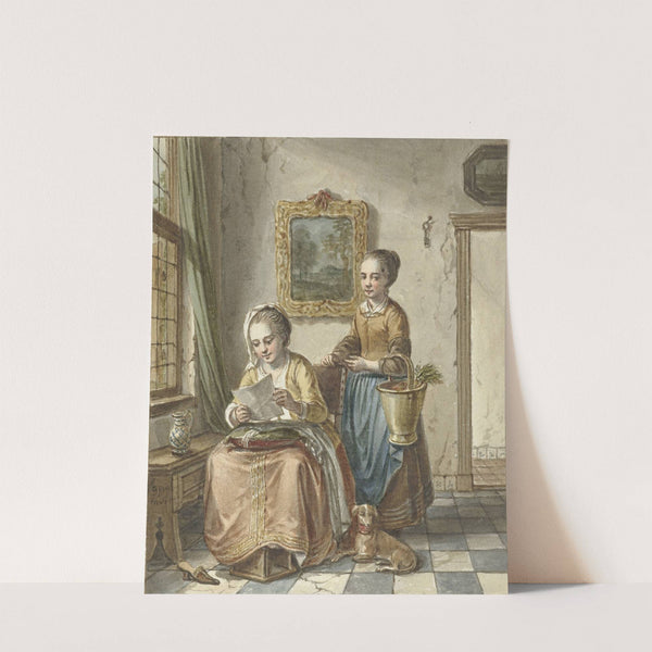 Zittende vrouw met dienstmeid, een brief lezend by Willem Joseph Laquy