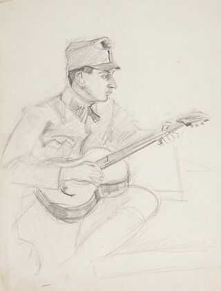 Żołnierz Legionu Ukraińskich Strzelców Siczowych (1914-1920) grający na gitarze (1914-1918)