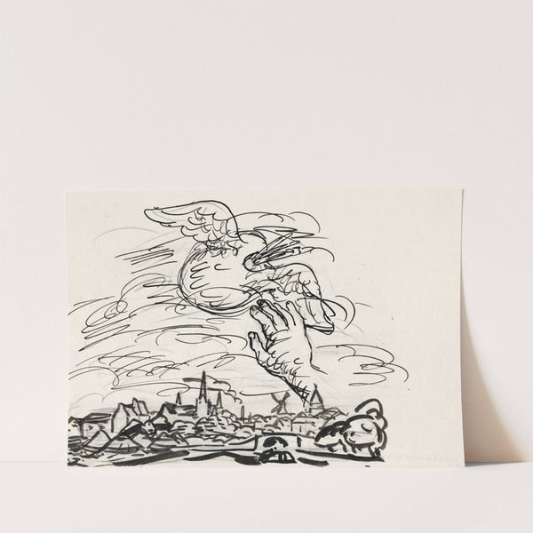 Zonder titel Schets vignet voor biografie van Gestel door Van der Pluym, gezicht op Woerden met daarboven een hand die reikt naar een gevleugeld palet (1935) by Leo Gestel