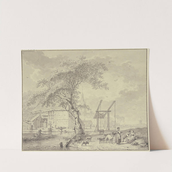 Zugbrücke über einen Kanal, Schafhirte im Vordergrund, der Hirte liebkost ein Mädchen by Hendrik Meyer