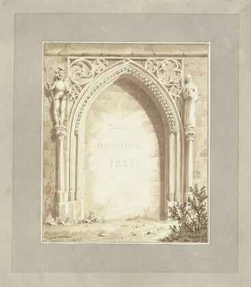 Zugemauertes gotisches Portal mit der Inschrift; zum Andenken 1826