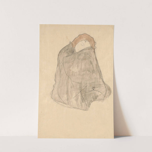 Zusammengekauert sitzende Frau, in dunklen Umhang gehüllt by Gustav Klimt